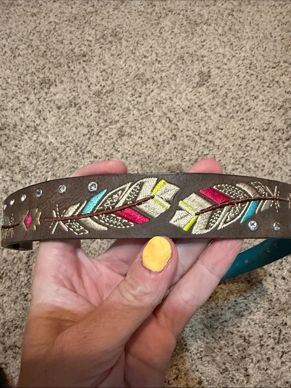 Girls Embroidered Feather Pattern Brown Belt
